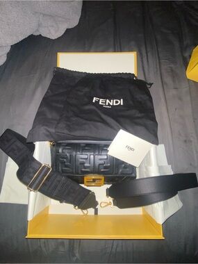 Fendi Medium Baguette NM Black FF Nappa Complete Set + Strap You
